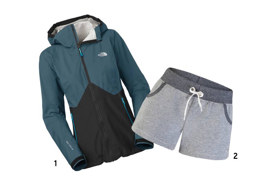 1. Jaqueta, <a href="https://www.thenorthface.com.br/" target="_blank" rel="noopener">The North Face</a>, de R$ 1790 por R$ 999; 2. Short, <a href="https://www.rainha.com.br/" target="_blank" rel="noopener">Rainha</a>, de R$ 90 por R$ 45 (preços pesquisados em novembro de 2017).