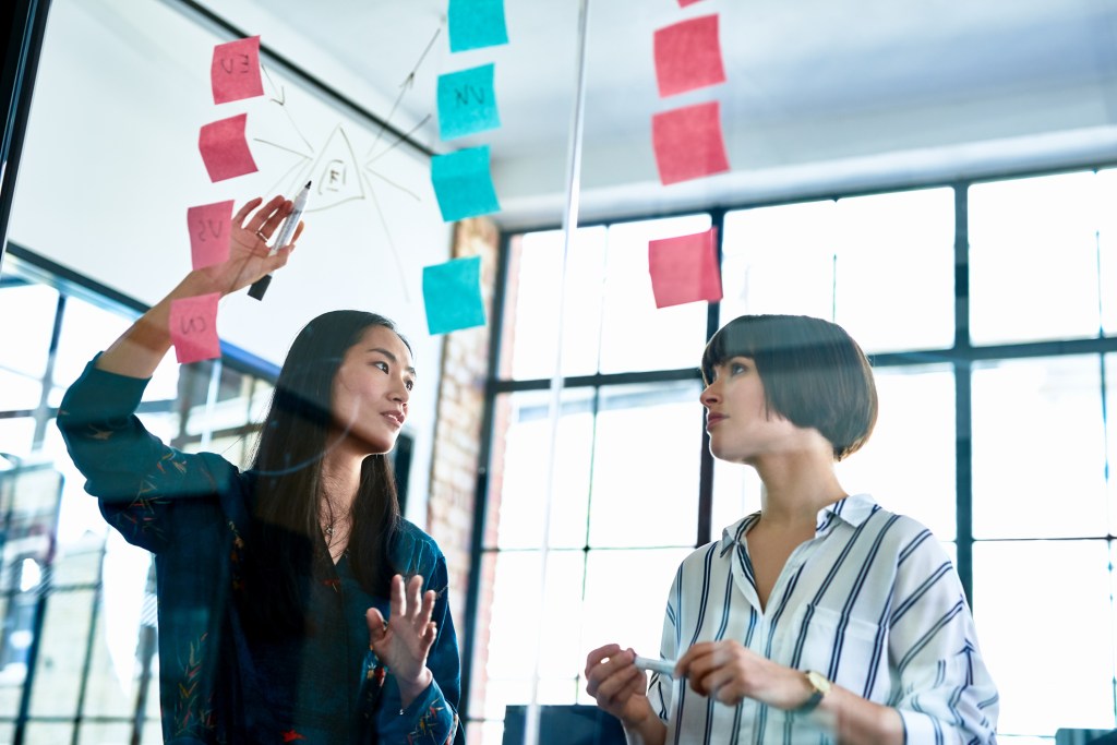 Businesswoman explaining diagram to female coworker Low angle view of Chinese woman standing behind glass, drawings and adhesive notes, solution, direction, guidance