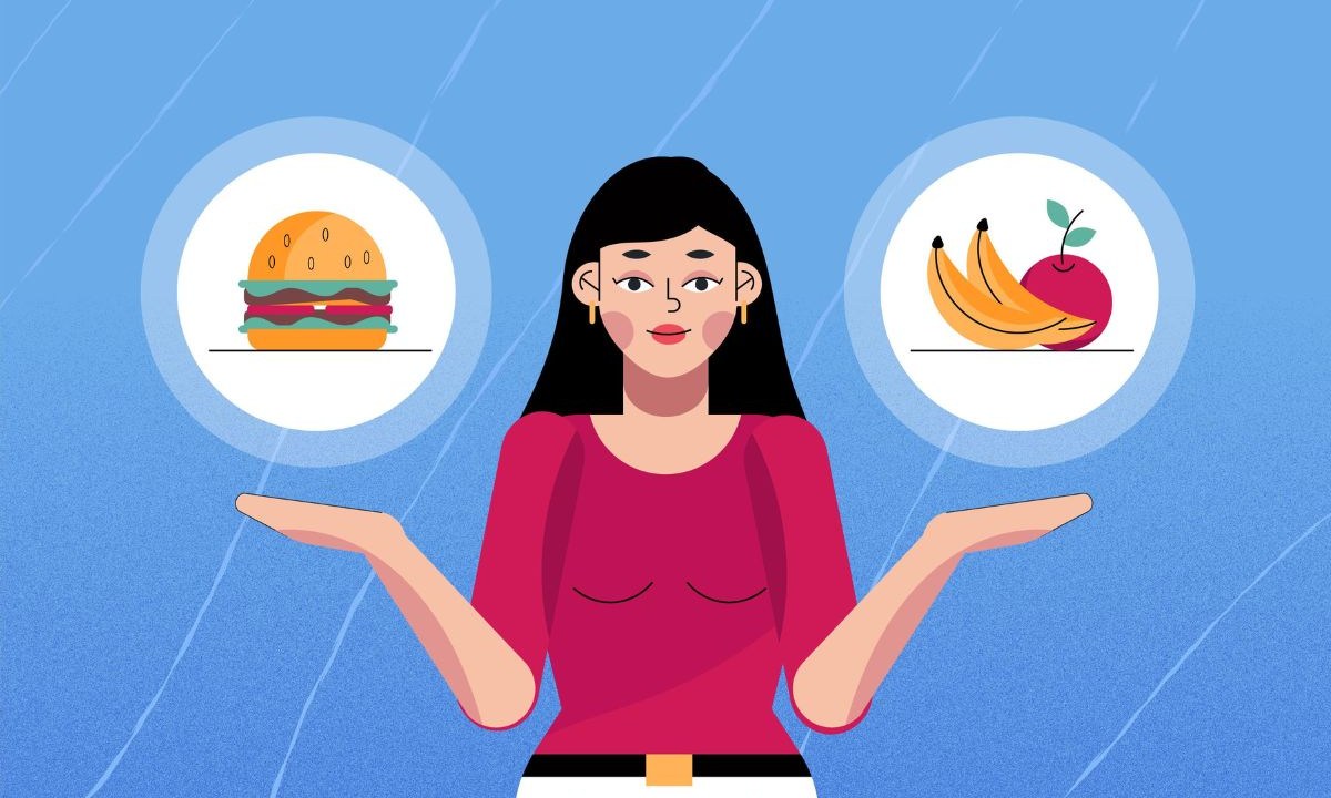 Figura ilustrativa de uma mulher tendo que escolher entre comidas saudáveis e fast food
