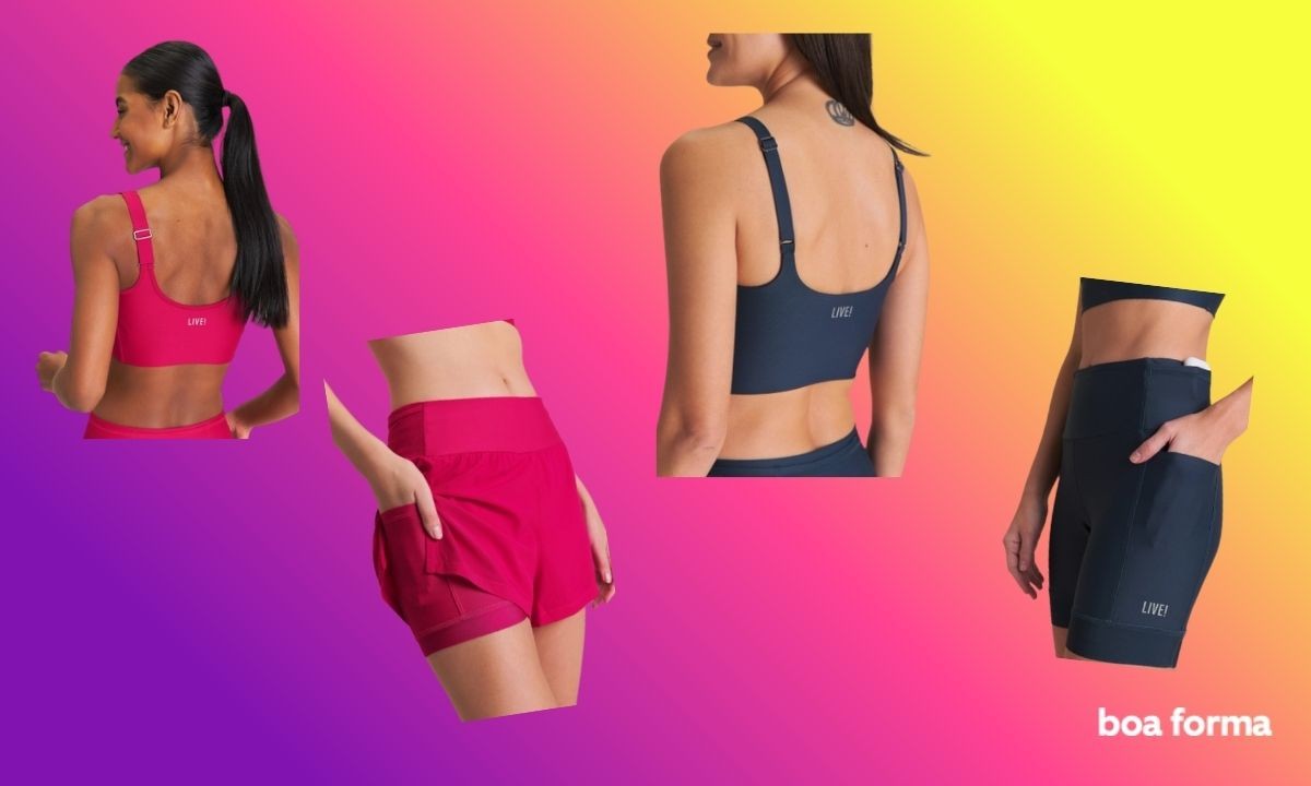 Quatro recortes de modelos vestindo roupas esportivas da marca LIVE! em um fundo degrad&ecirc;. &Agrave; esquerda, uma mulher de costas com top e short rosa. Ao centro, um close do abd&ocirc;men e pernas de uma mulher com short rosa e a m&atilde;o no bolso. &Agrave; direita, uma mulher de costas com top azul-marinho. Mais &agrave; direita, um close do abd&ocirc;men e pernas de uma mulher com bermuda azul-marinho e a m&atilde;o no bolso. O texto boa forma aparece no canto inferior direito