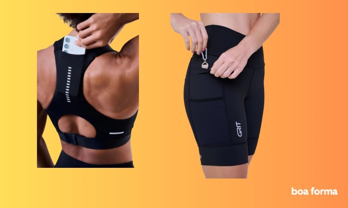Duas imagens de roupas esportivas pretas com bolsos. &Agrave; esquerda, uma pessoa de costas, colocando um celular branco no bolso traseiro de um top. &Agrave; direita, uma pessoa de perfil, com shorts ciclista preto, mostrando um bolso lateral e um chaveiro na cintura. O logo GRIT aparece na perna do shorts