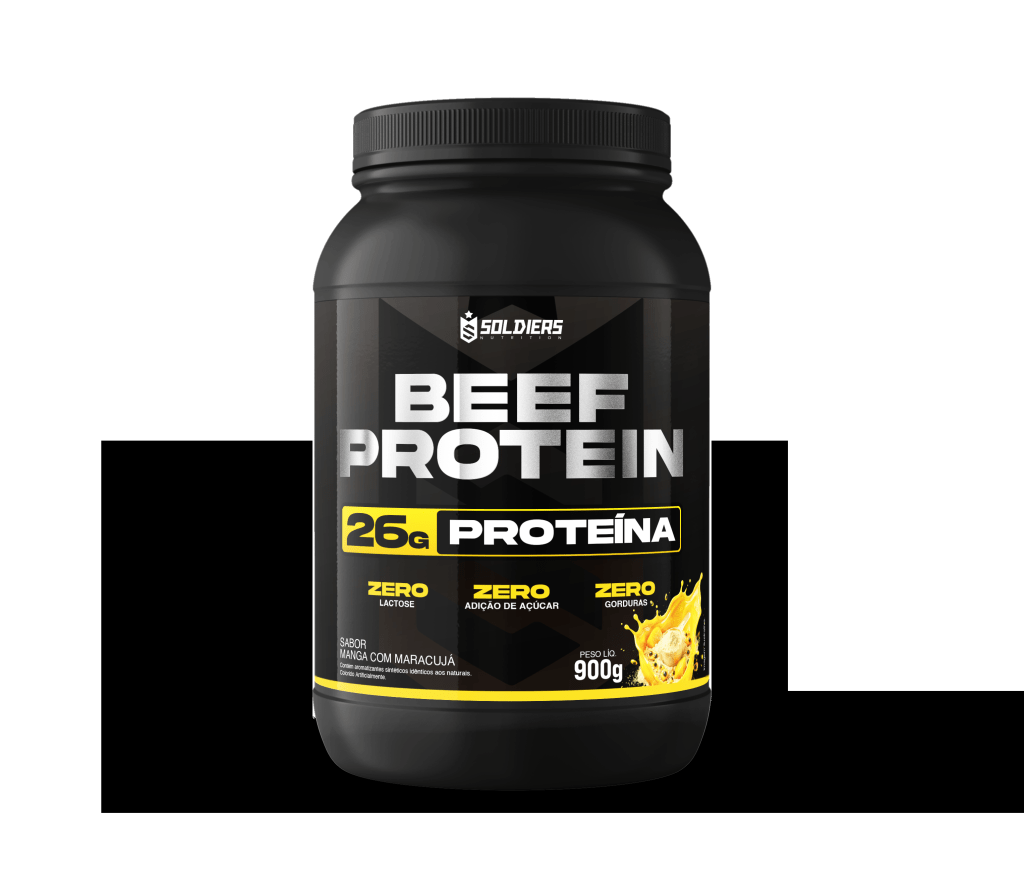 Pote preto de Beef Protein Soldiers Nutrition, sabor manga com maracuj&aacute;, com 26g de prote&iacute;na, zero lactose, zero adi&ccedil;&atilde;o de a&ccedil;&uacute;car e zero gorduras, peso l&iacute;quido 900g