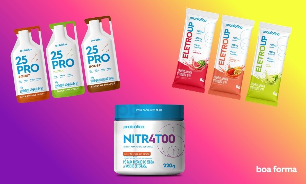 Produtos Probi&oacute;tica: tr&ecirc;s sach&ecirc;s de gel 25 Pro (caramelo salgado, uva verde, caf&eacute; com avel&atilde;), tr&ecirc;s sach&ecirc;s de eletr&oacute;litos Eletroup (melancia, morango com maracuj&aacute;, lim&atilde;o) e um pote de Nitr4too sabor beterraba com laranja, sobre um fundo degrad&ecirc; rosa e amarelo. Logotipo boa forma no canto inferior direito