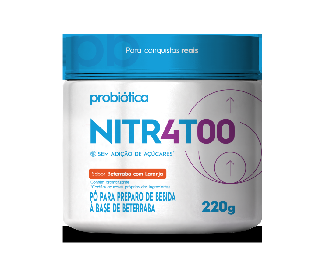 Pote branco de suplemento Probi&oacute;tica NITR4TOO, sabor Beterraba com Laranja, sem adi&ccedil;&atilde;o de a&ccedil;&uacute;cares, 220g. Tampa azul com texto Para conquistas reais