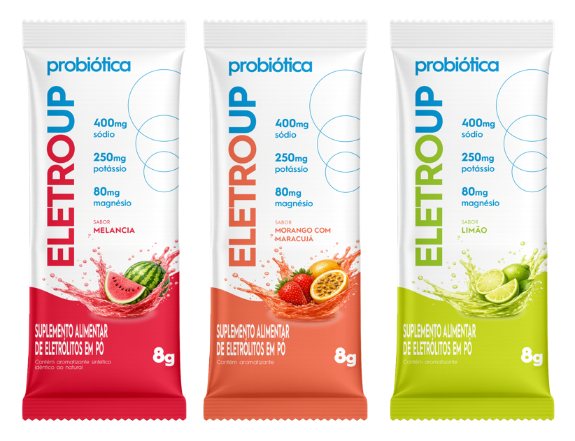 Tr&ecirc;s sach&ecirc;s de suplemento Probi&oacute;tica Eletroup, de 8g cada, com sabores melancia (vermelho), morango com maracuj&aacute; (laranja) e lim&atilde;o (verde), exibindo informa&ccedil;&otilde;es nutricionais de s&oacute;dio, pot&aacute;ssio e magn&eacute;sio