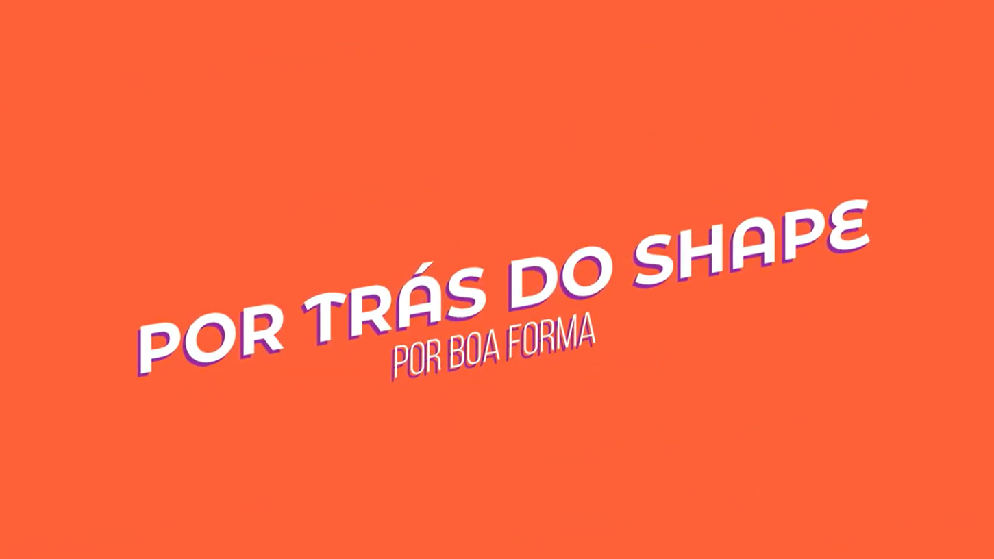 Texto em branco e roxo POR TRÁS DO SHAPE inclinado para cima, com POR BOA FORMA menor abaixo, sobre fundo laranja